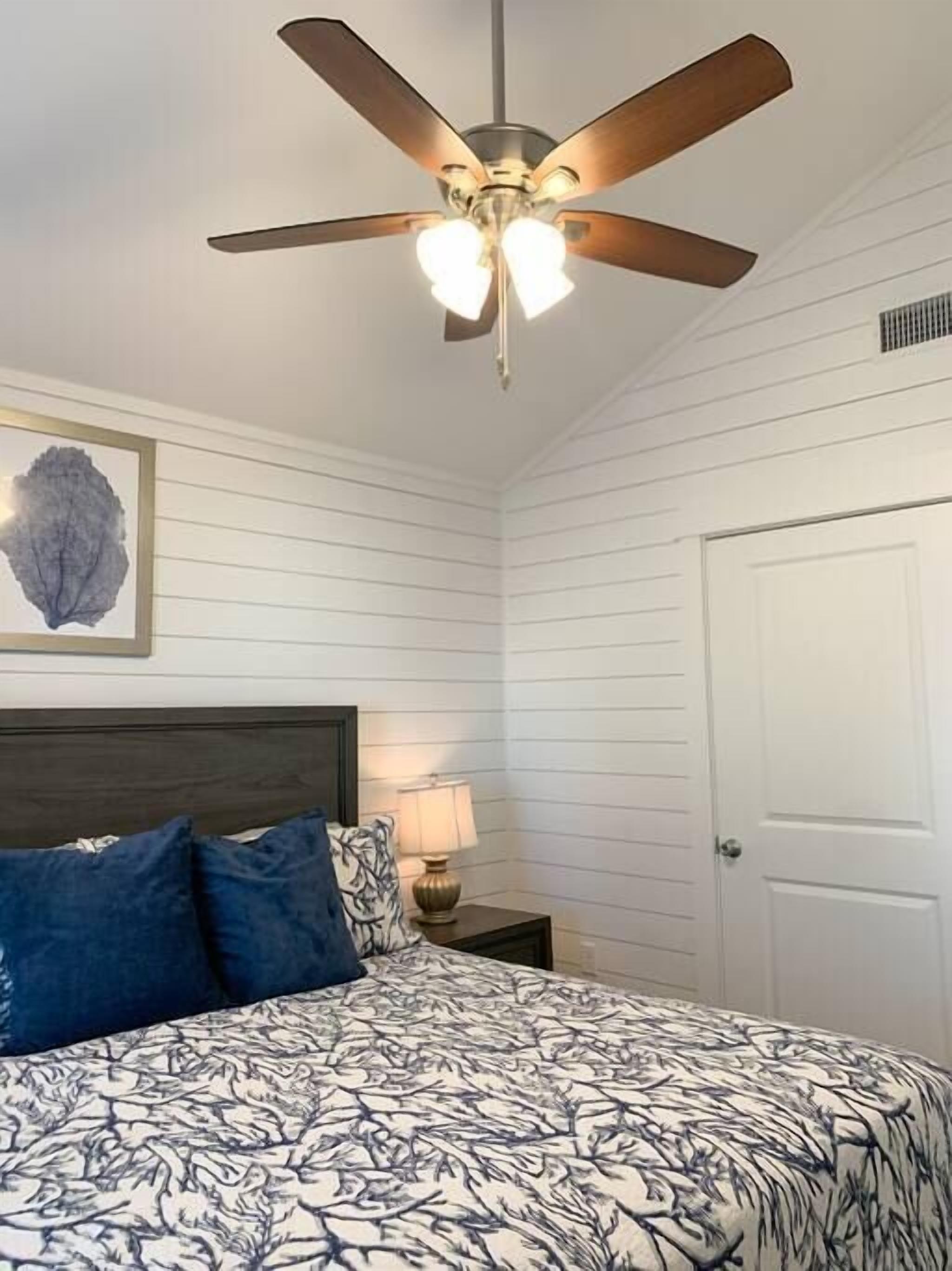 A bedroom with a bed, a ceiling fan, a nightstand with a lamp, and a door.