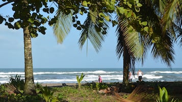 En la playa, playa de arena negra, kayaks y bote de remos o canoa