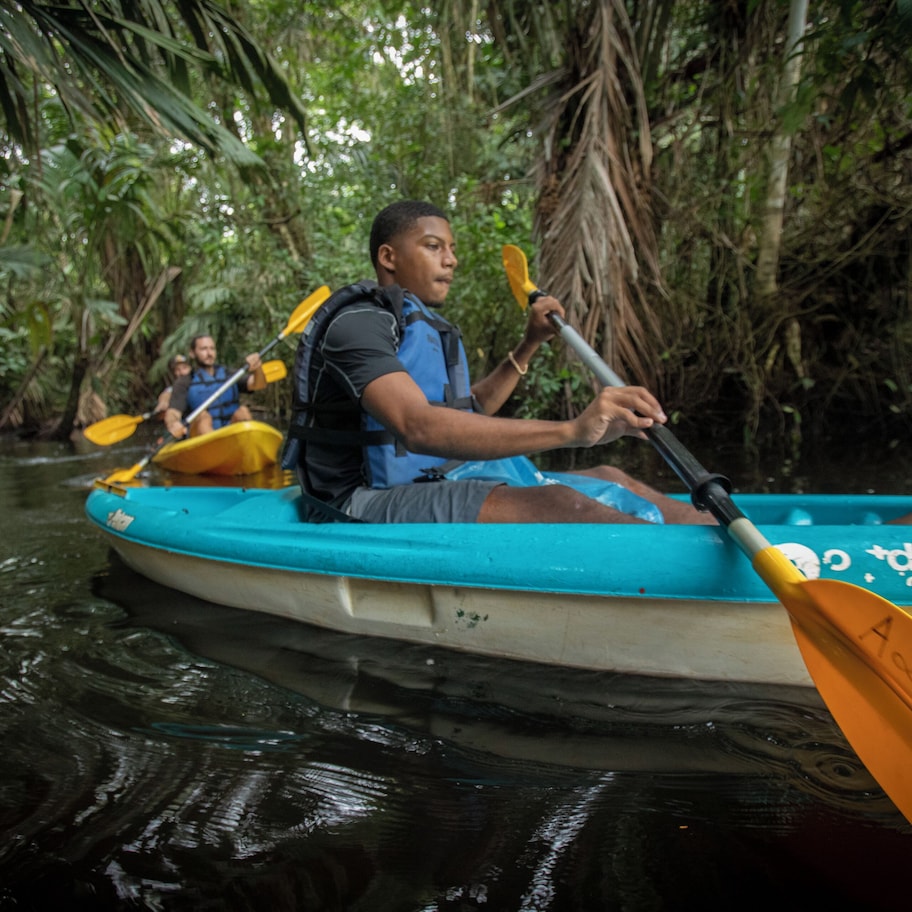A person in a kayak on a river surrounded by dense foliage.