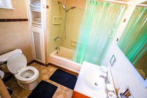 Hair dryer, towels, soap, shampoo