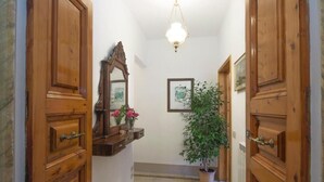 Un pasillo con puertas de madera, un espejo, un cuadro enmarcado y una planta en maceta.