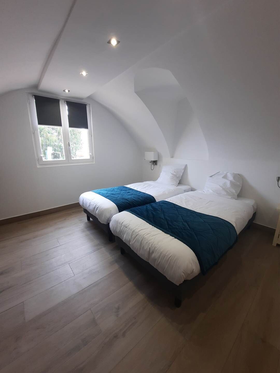 A bedroom with two beds, a skylight, and a window.