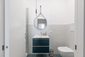 Shower, hair dryer, bidet, towels
