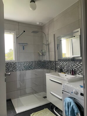Regadera, secadora de cabello, jabón, papel de baño 