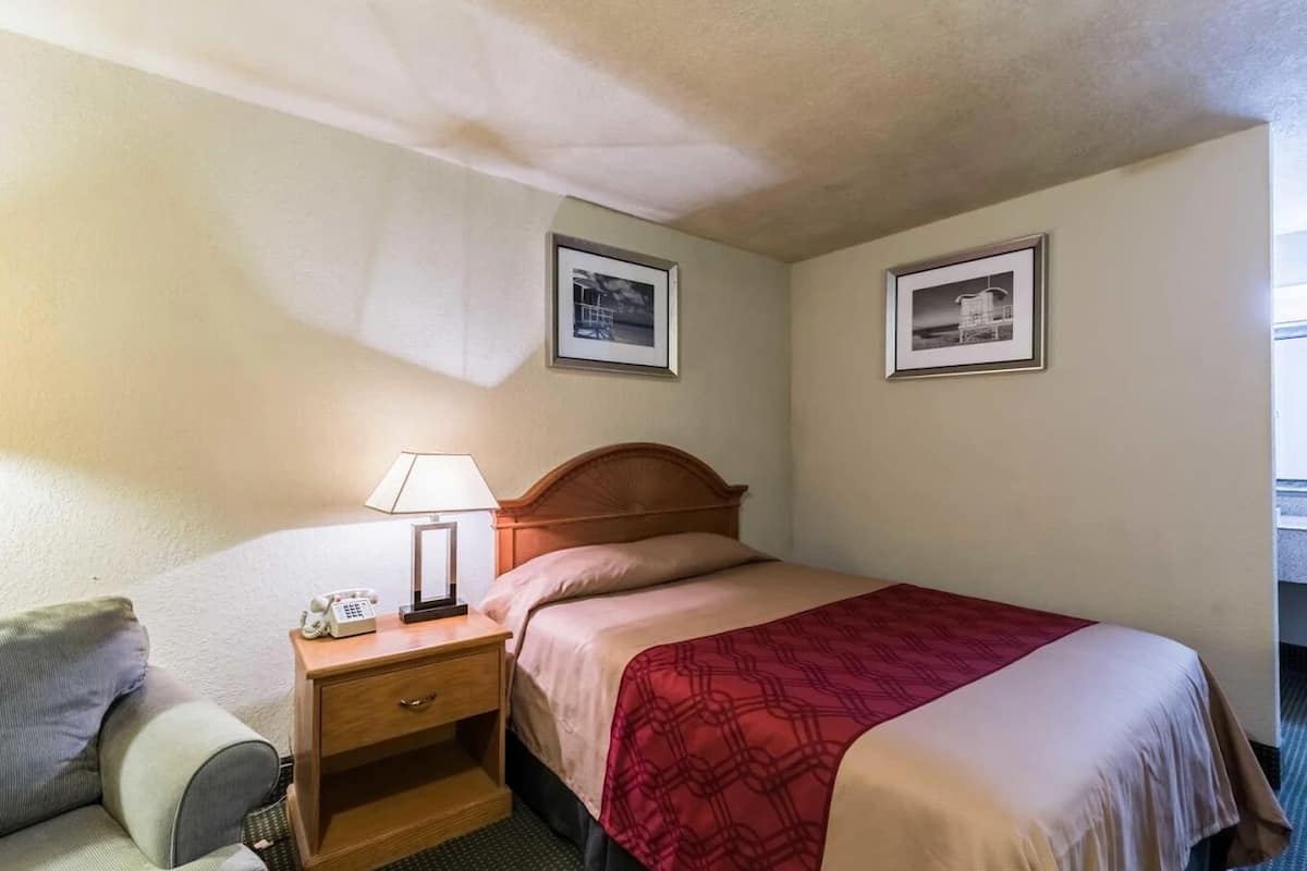 Habitación de hotel con una cama individual, una mesita de noche con lámpara, teléfono y dos cuadros en la pared.