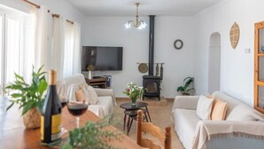 Tunnelmallinen olohuone, jossa on sohva, ruokapöytä ja viinipullo, televisio ja puuhella.