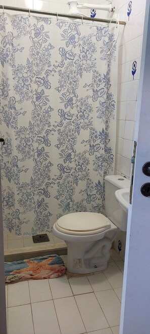 Bathroom features a shower, toilet, and sink, with a floral-patterned shower curtain.
