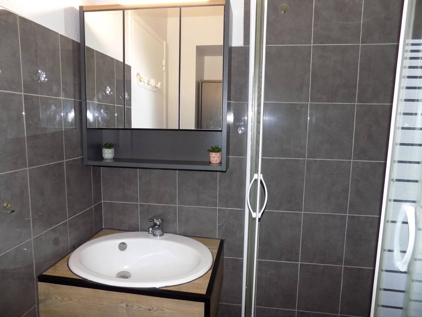 A bathroom with a white sink, dark tiled walls, a mirror, and a shower door.