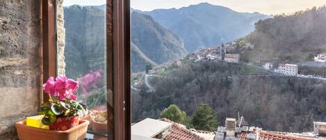 Vista a través de una ventana de un paisaje montañoso con un pueblo en la falda.