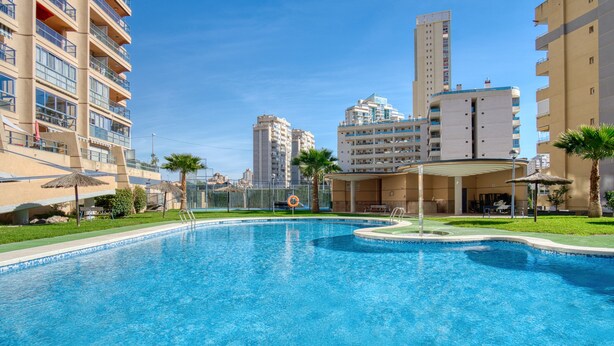 A swimming pool surrounded by buildings, a palm tree, and a clear sky.
