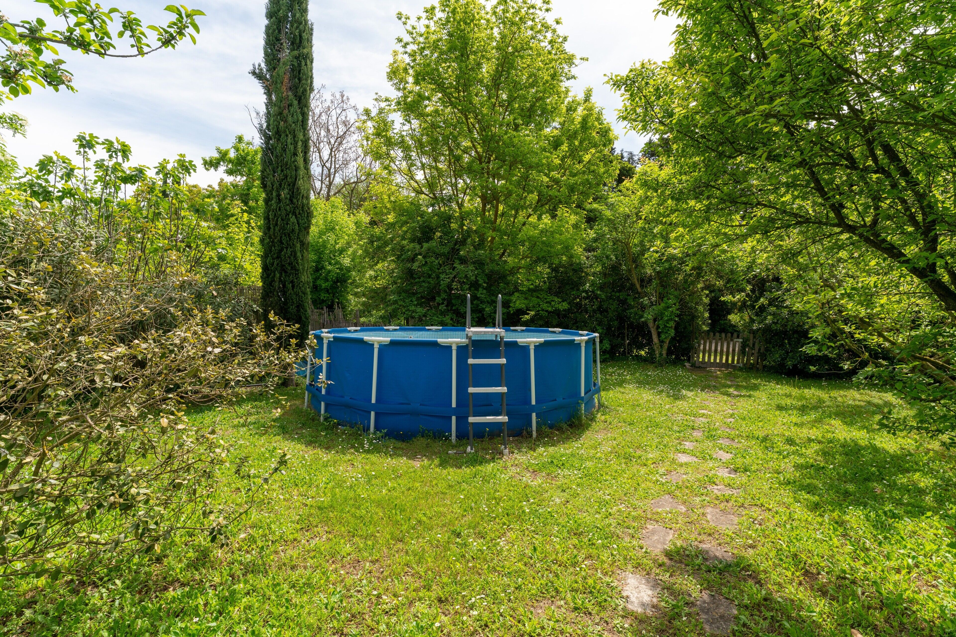 A blue above-ground pool with a ladder, surrounded by lush greenery and trees.