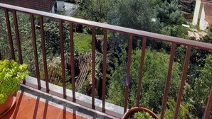 A balcony with a view of a river, houses, and hills.