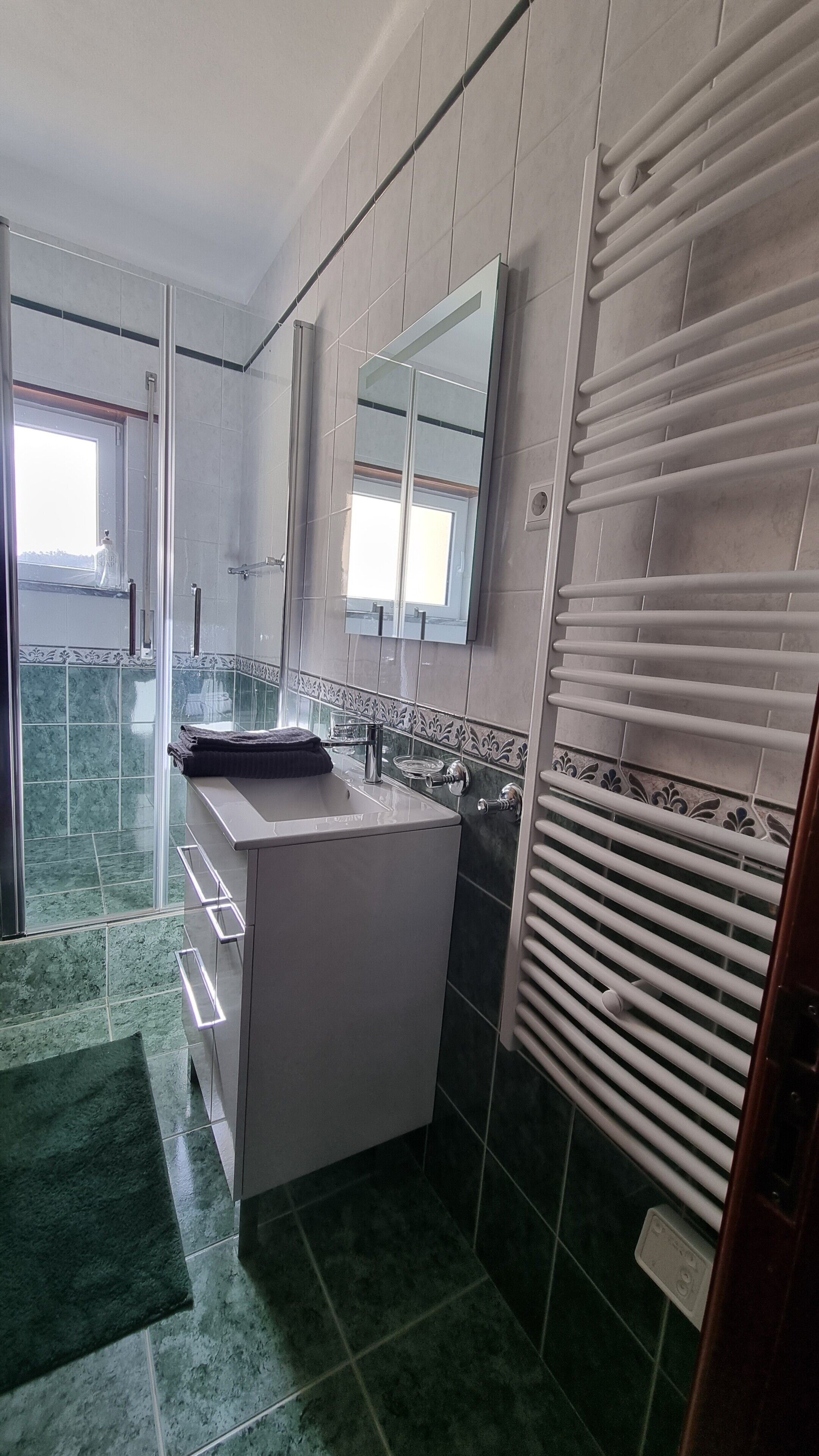 Une salle de bain avec une douche à parois de verre, un lavabo avec un miroir et un porte-serviettes.