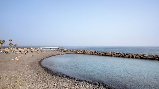 A beach with a rocky shoreline, palm trees, and a pier extending into the water.