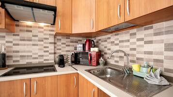 Fridge, microwave, stovetop, coffee/tea maker