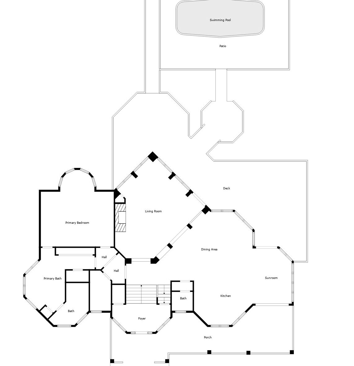 Pianta degli ambienti con camera da letto principale, soggiorno, zona pranzo, cucina, veranda e patio con piscina.
