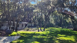A house surrounded by trees with a grassy yard and a small pond.