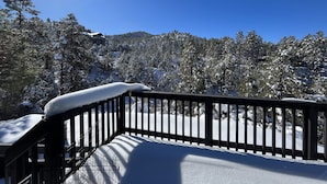 Una terrassa coberta de neu amb barana, amb vista a una zona muntanyosa boscosa.