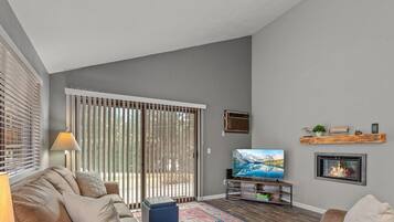 Smart TV, chimenea y libros