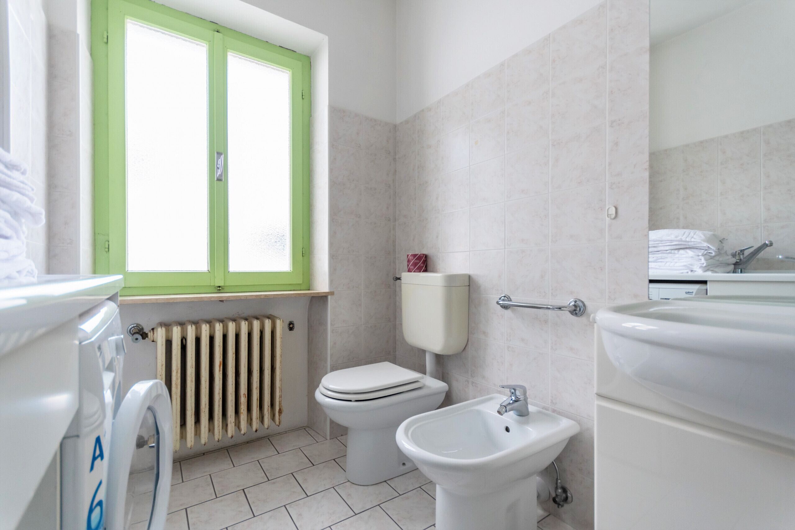 A bathroom with a toilet, bidet, and sink, a radiator, and a window with green frames.
