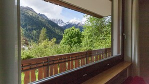 A balcony with a view of a mountainous landscape, including snow-capped peaks and dense forest. - Villa Licia bilo (Falcade)