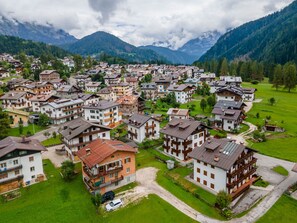A residential area with houses, some with balconies, surrounded by green fields and mountains. - Casa Alice (Falcade)