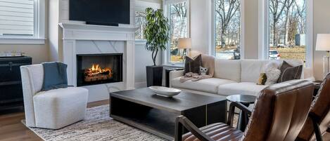 TV connectée, cheminée, lecteur de DVD