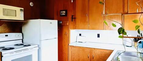 A compact kitchen with wooden cabinets, a white refrigerator, a stove, and a microwave.