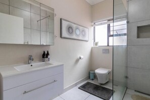 Hair dryer, towels, soap, shampoo