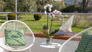 Duas cadeiras de vime branco com almofadas estampadas em verde, uma mesa pequena com uma planta em vaso, e vista para um jardim com uma estátua ao fundo.