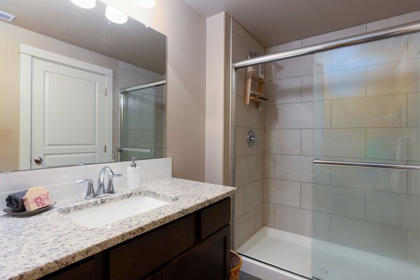 Shower, towels, soap, shampoo