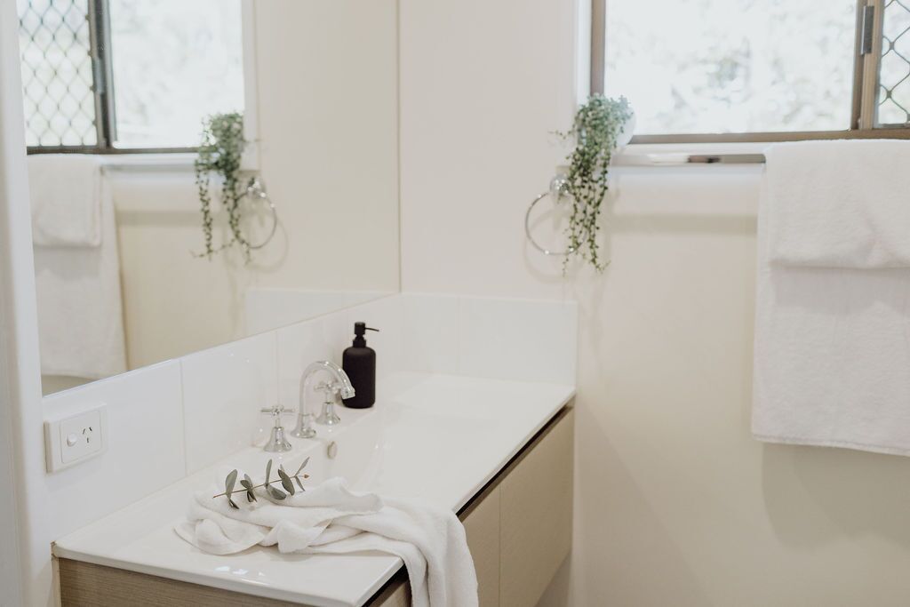A bathroom with a white sink, a mirror, and a window with plants.
