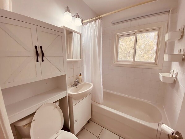 Sèche-cheveux, serviettes fournies, savon, shampoing