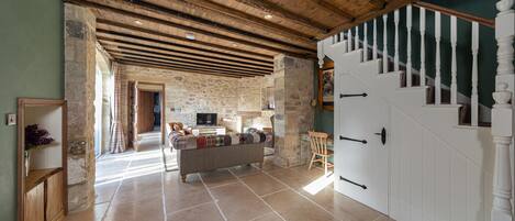 Televisión, chimenea y estéreo