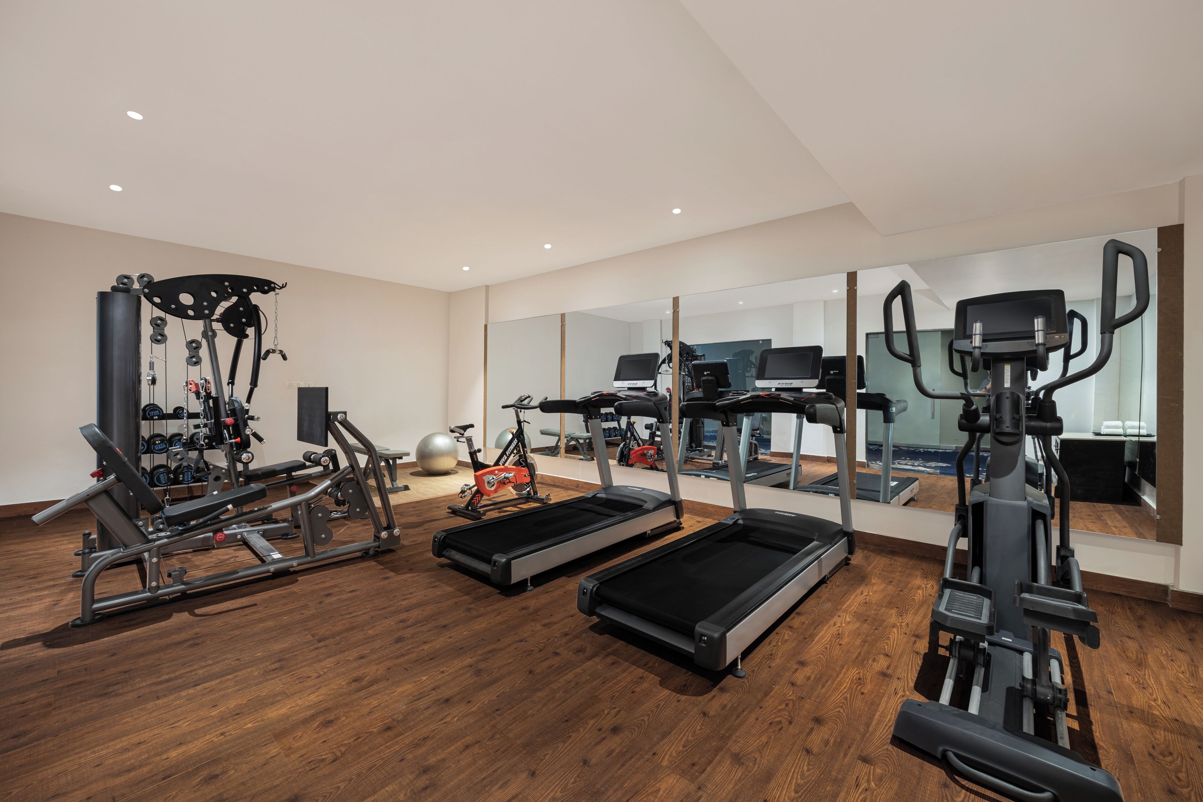 A modern gym with treadmills, weight machines, and a mirrored wall.