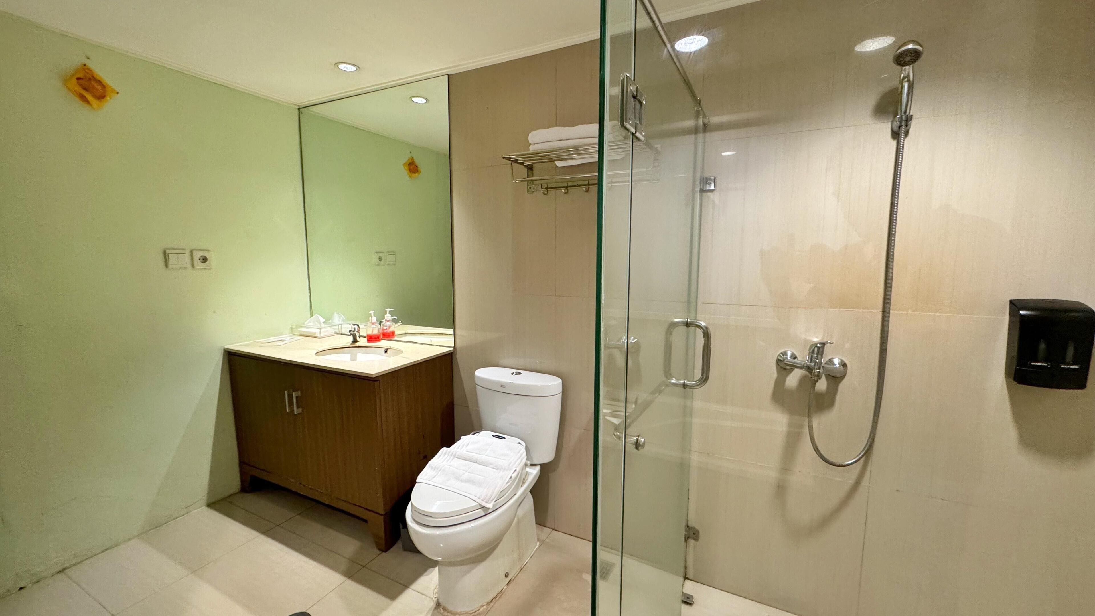 A modern bathroom with a glass-enclosed shower, a toilet, and a sink with a mirror.