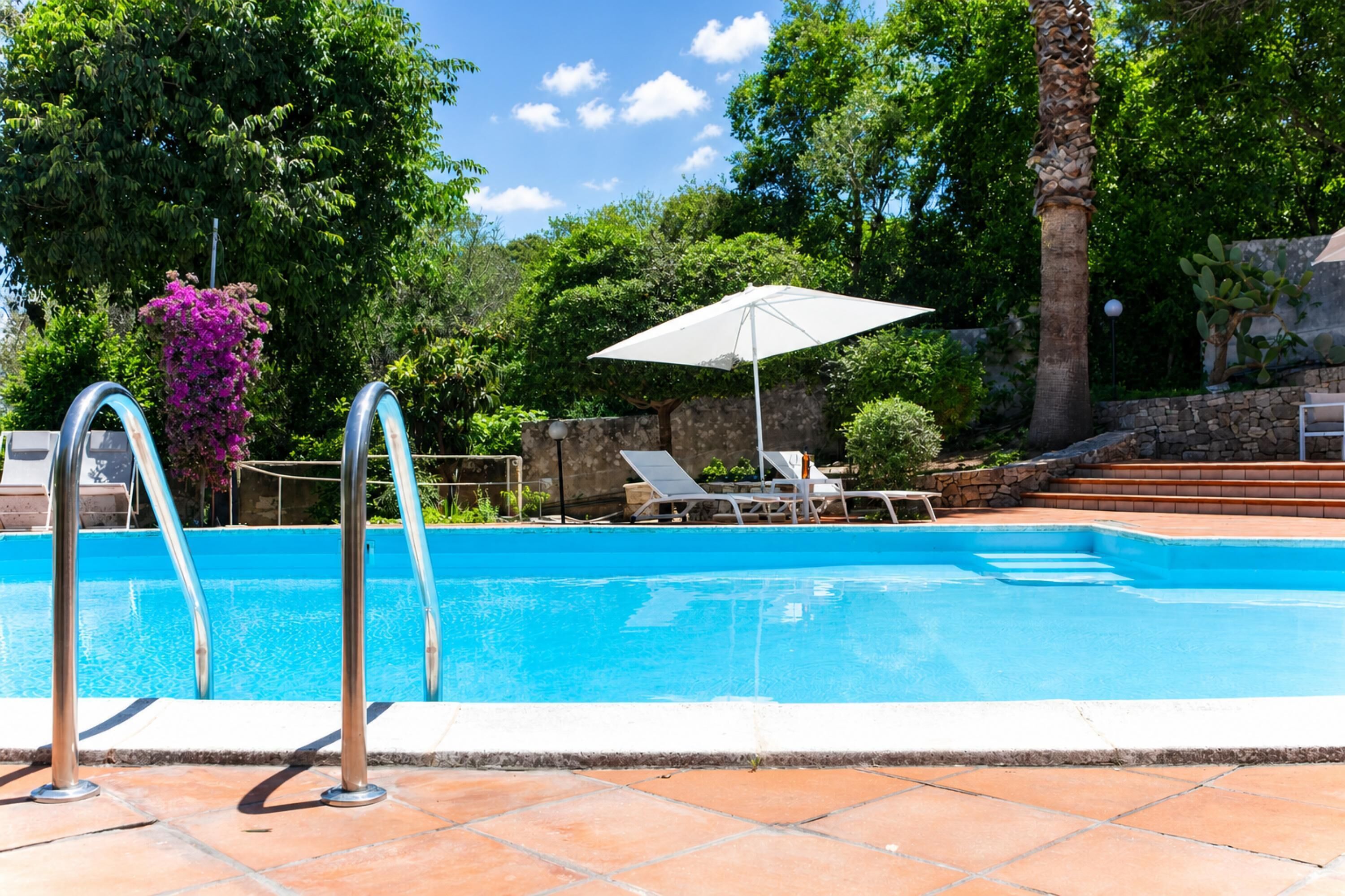 A swimming pool with steps leading into it, surrounded by greenery and a stone wall.