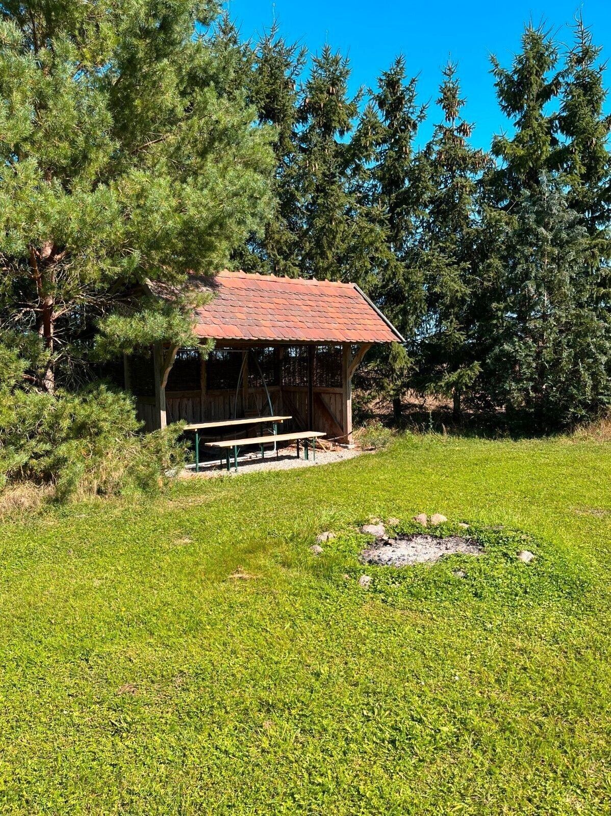 A rustic wooden structure with a tiled roof, surrounded by dense pine trees, and a picnic table in front.