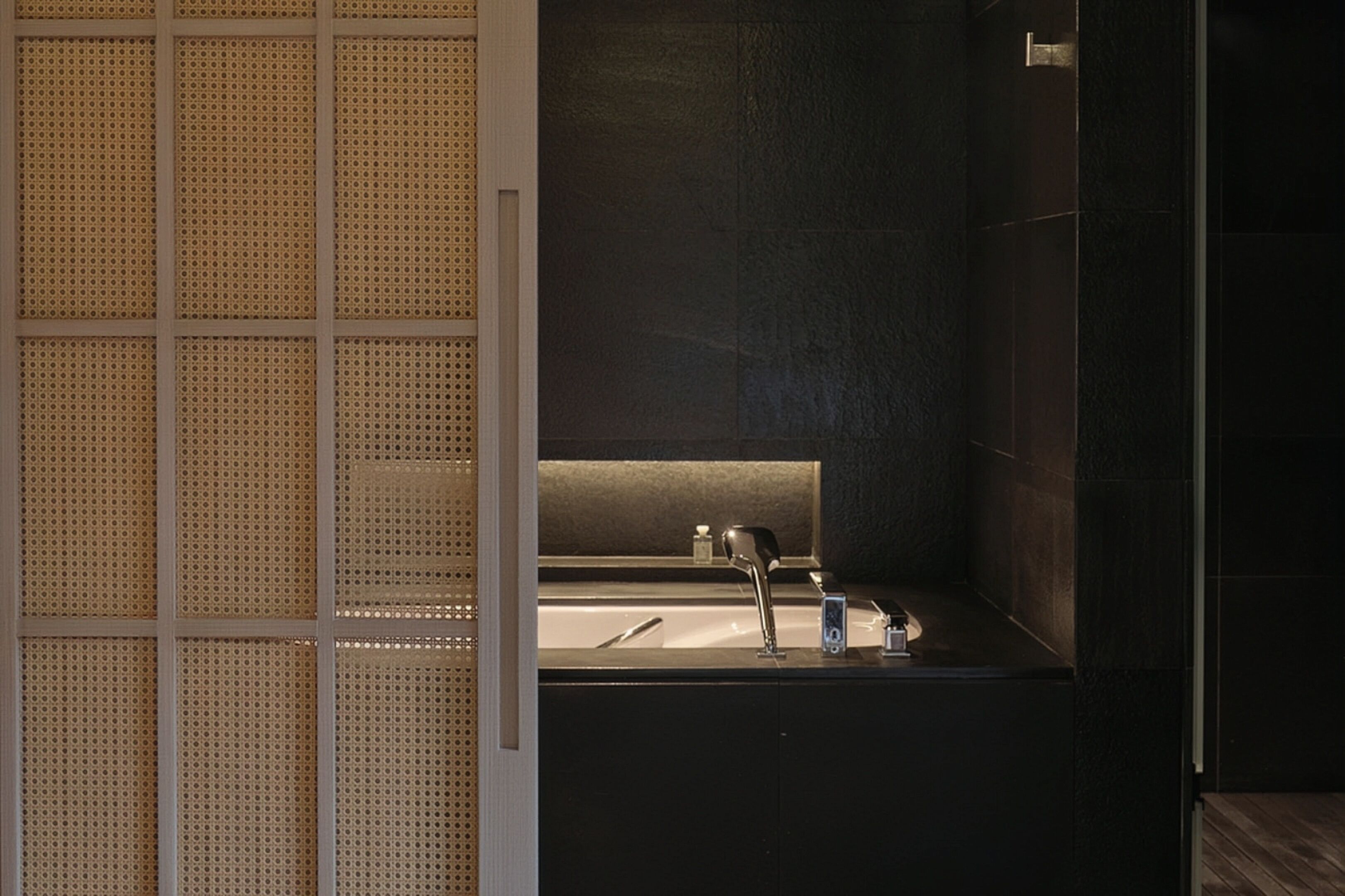 A modern bathroom with a dark tiled wall, a perforated wooden panel, and a sink with a faucet.
