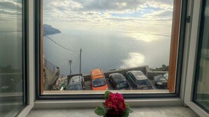 A view from a window overlooking a body of water with parked cars and a flower on the windowsill.
