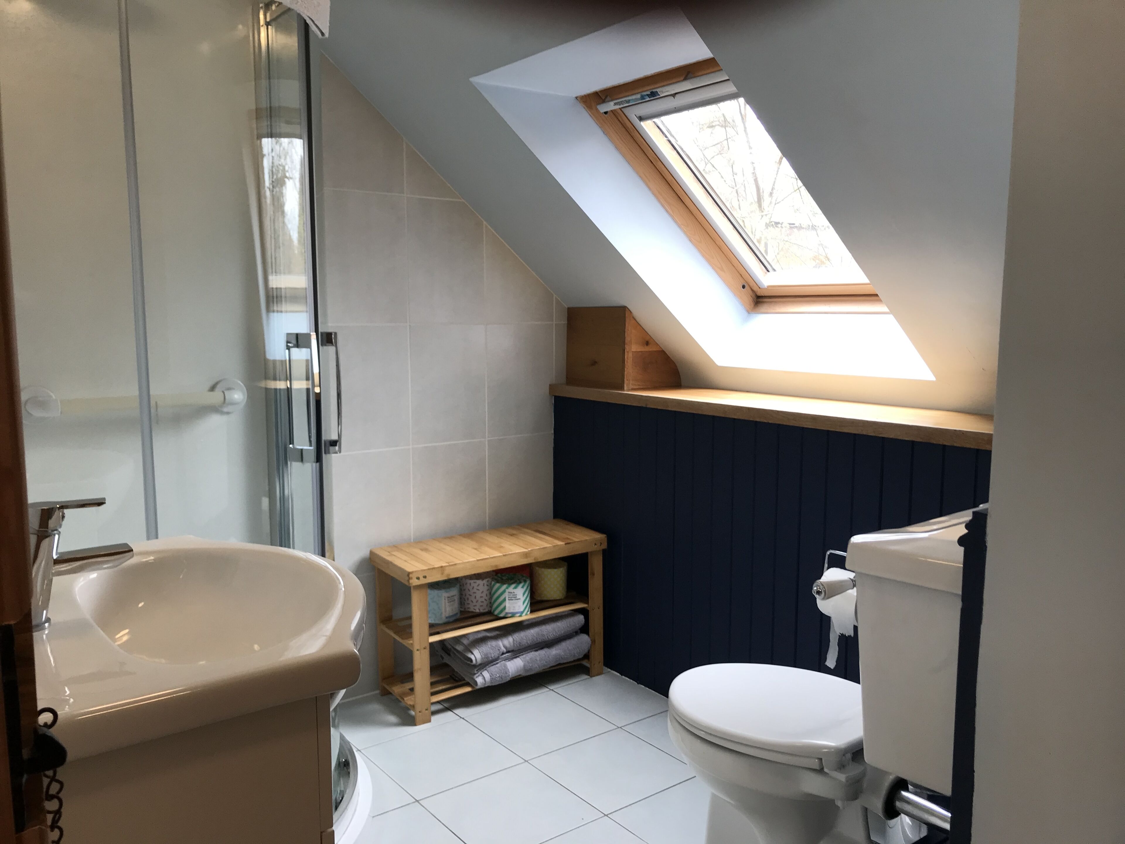 A compact bathroom with a skylight, a shower, a toilet, and a sink.