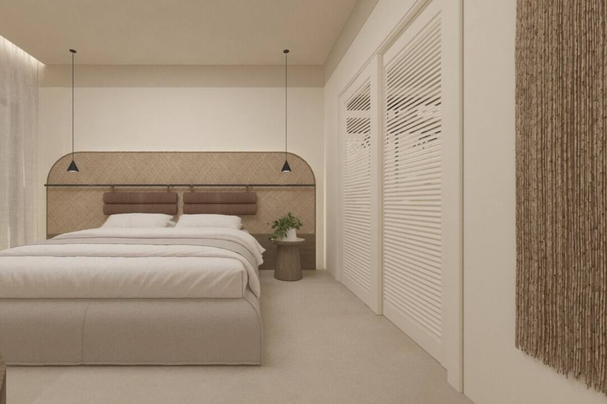 A modern bedroom with a large bed, bedside tables, a potted plant, and a view of trees through sheer curtains.