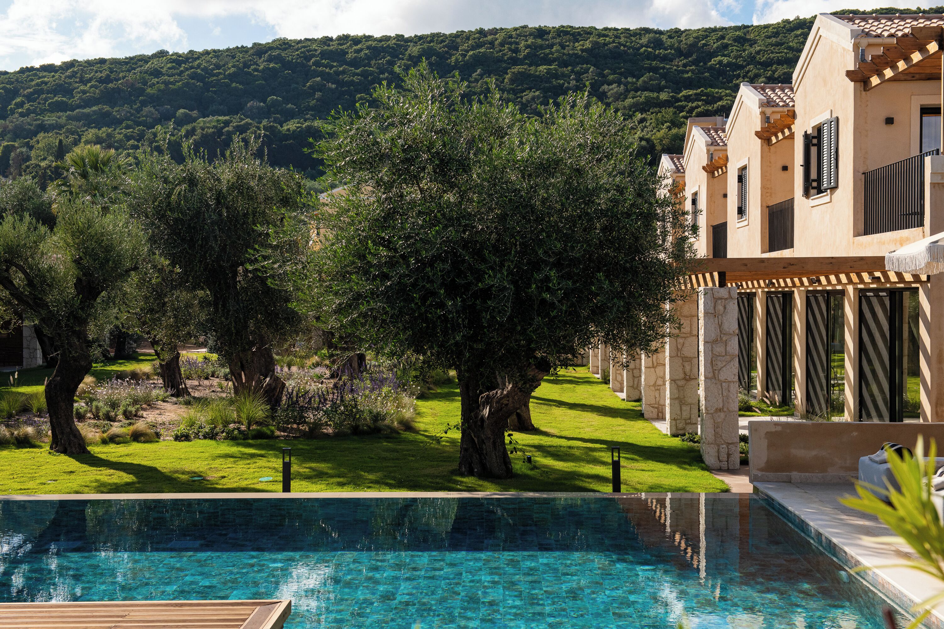 A swimming pool with a wooden deck, surrounded by lush greenery and trees, with a building in the background.