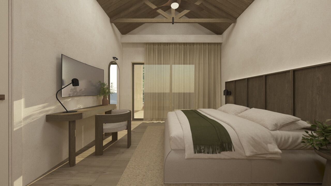 A bedroom with a bed, a desk, a chair, a mirror, and a window with curtains.