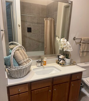 Hair dryer, towels, soap, shampoo