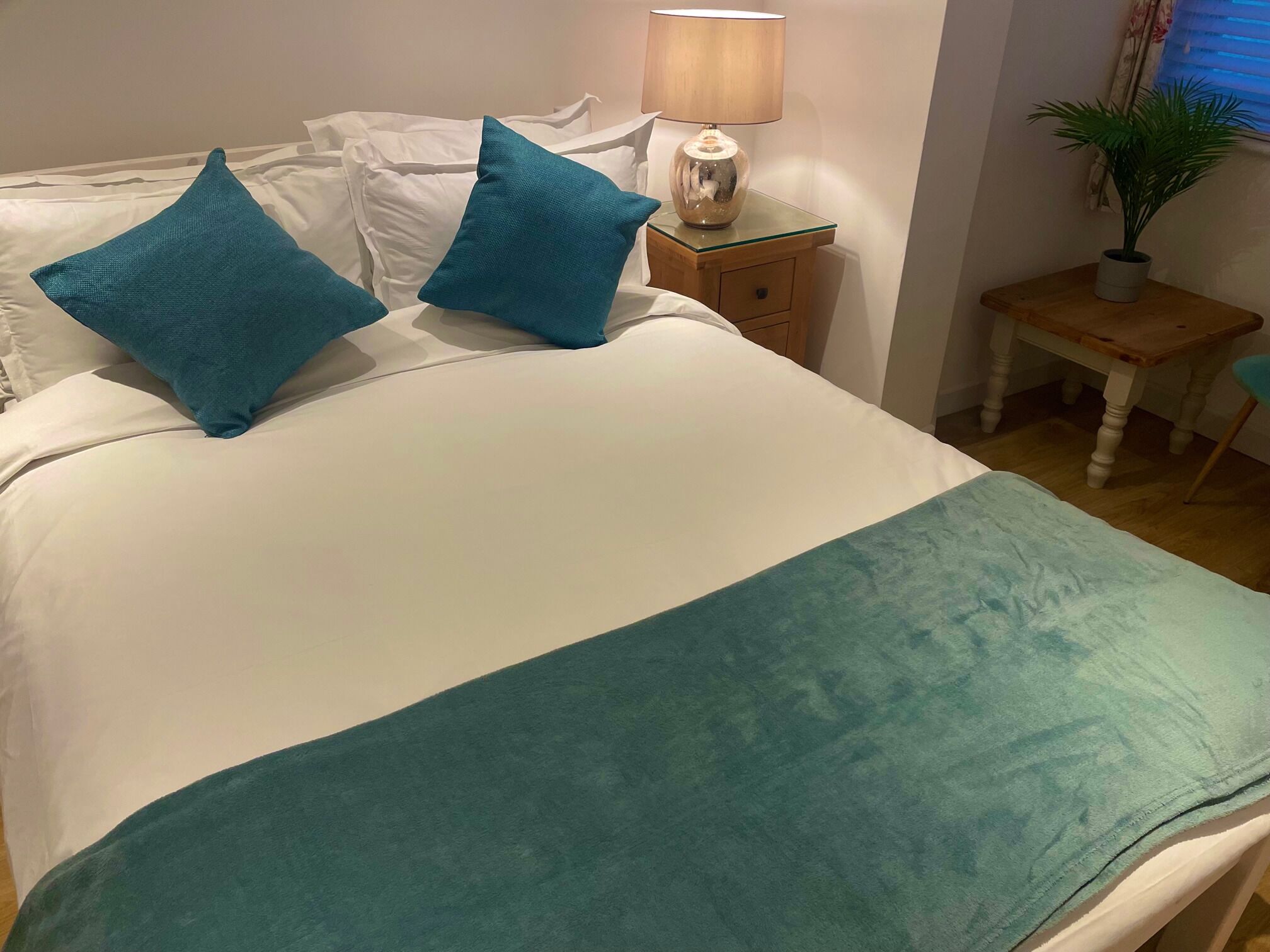 A neatly made bed with white bedding and two teal pillows, a bedside table with a lamp, and a small wooden nightstand with a potted plant.