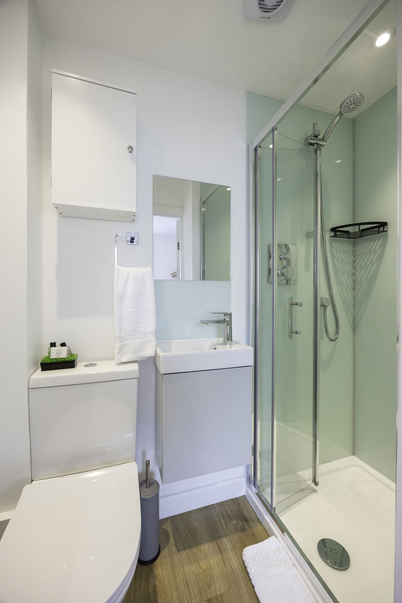 A modern bathroom with a glass-enclosed shower, a white sink, and a toilet.