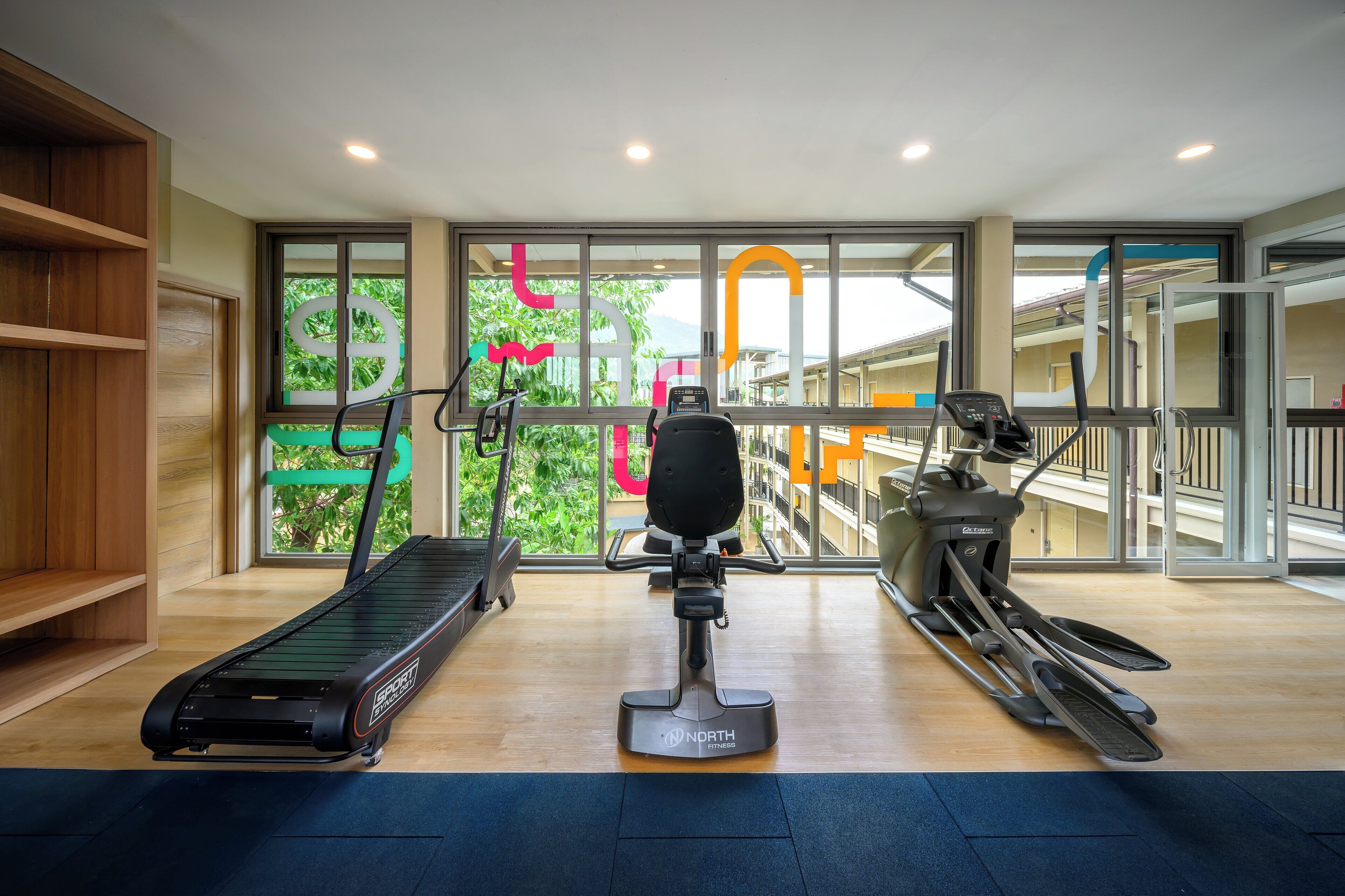 Un gimnasio con cinta de correr, elíptica y máquina de esquí.