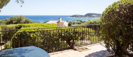 A patio with a table, a railing, and a view of the sea and greenery.