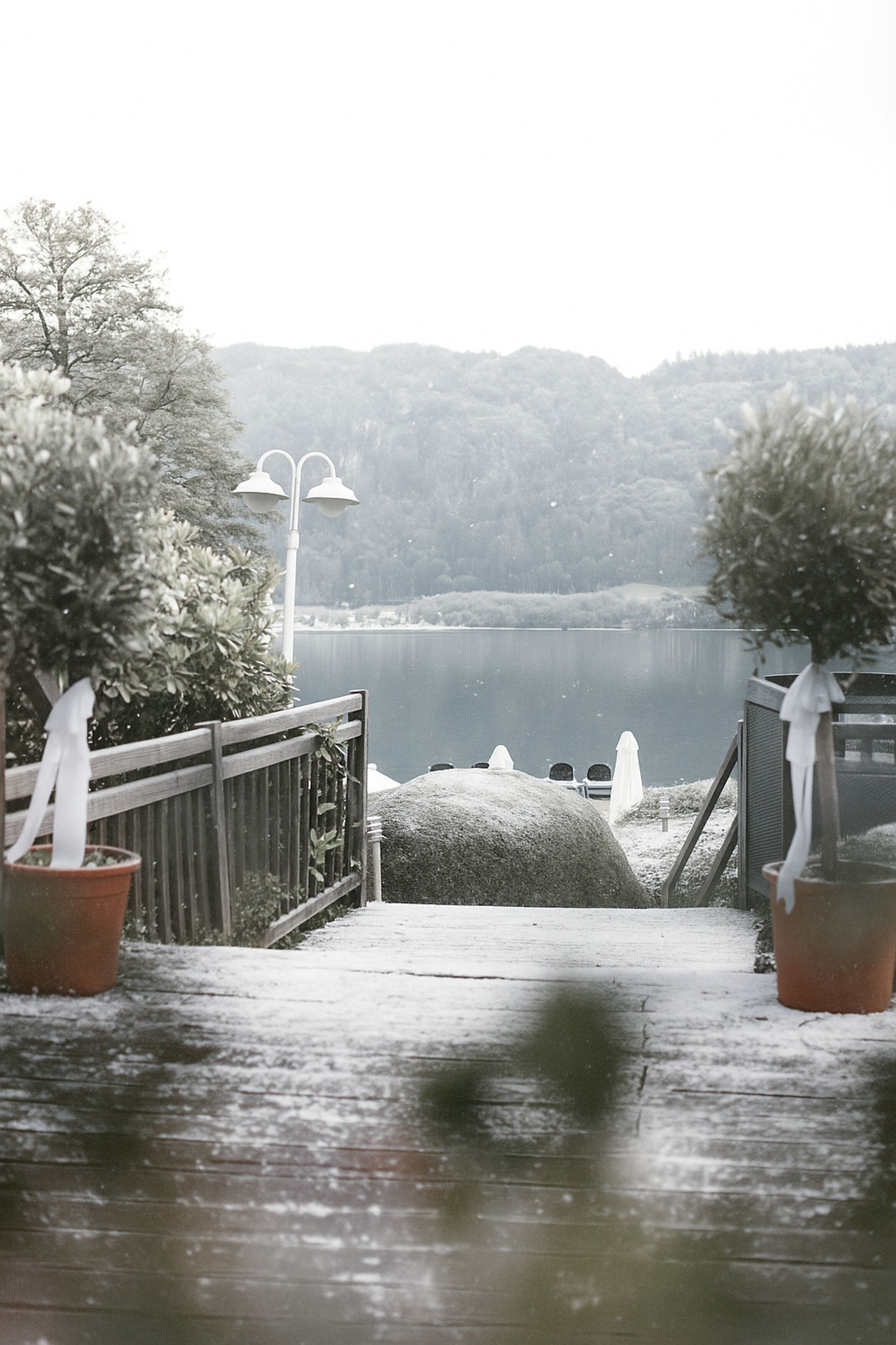 A wooden deck with potted plants and a view of a lake.